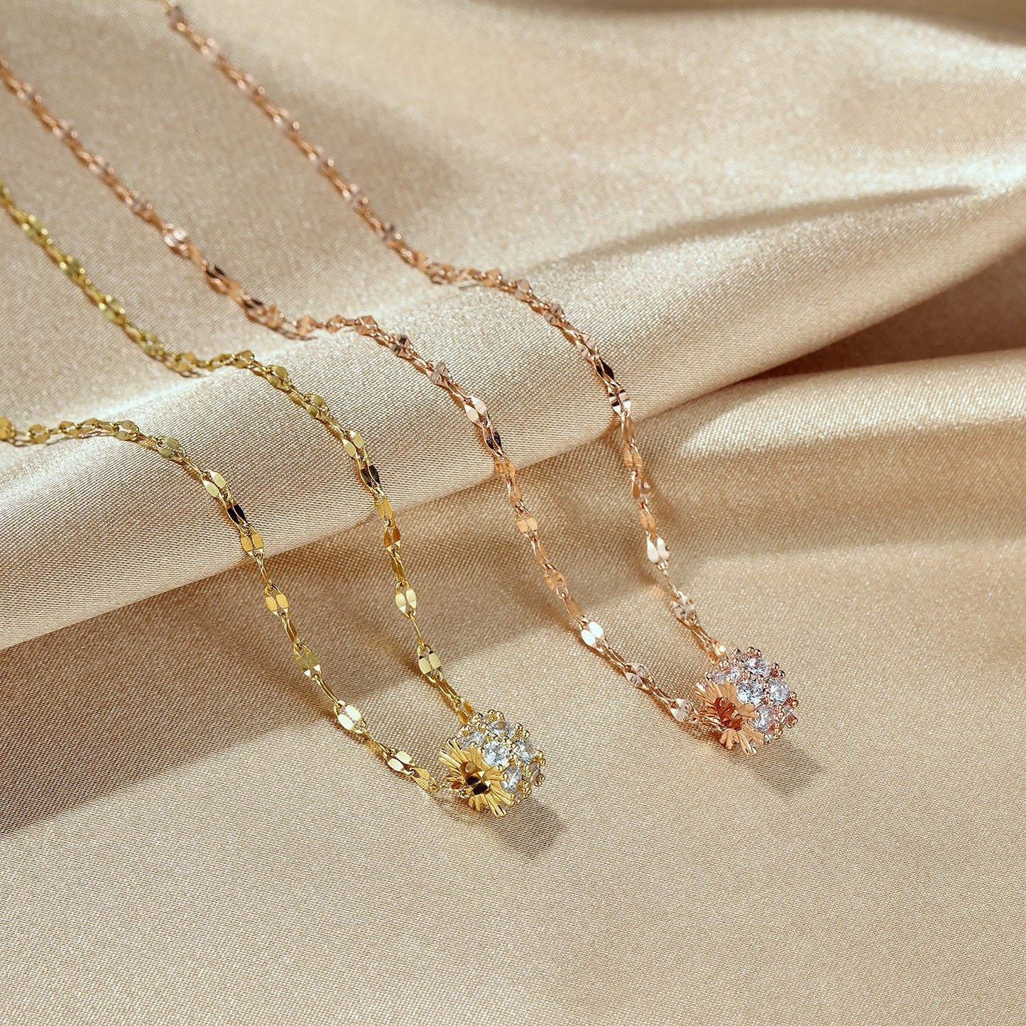 Women Chain Necklace Rose Gold/ Gold Minimalist Round CZ Shiny Unique Clavicle Chain Stainless Steel Copper