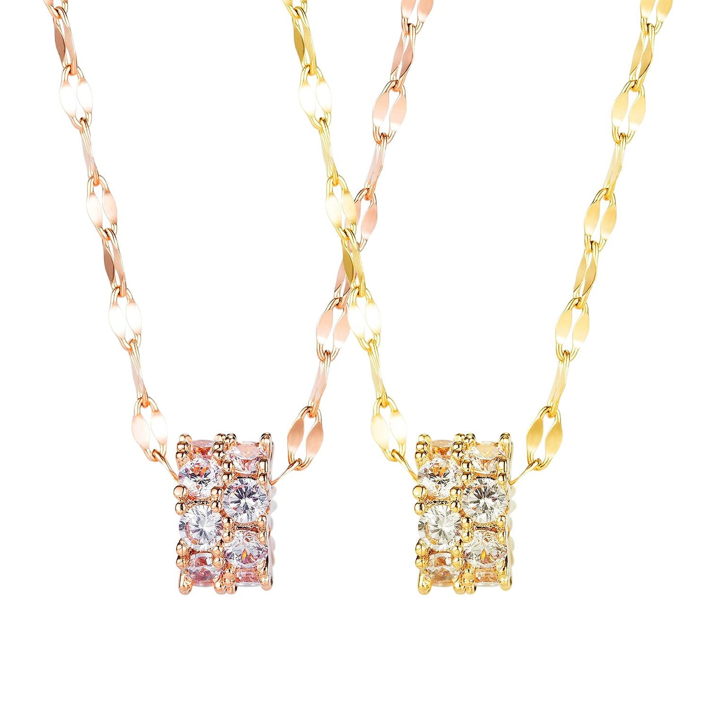 Women Chain Necklace Rose Gold/ Gold Minimalist Round CZ Shiny Unique Clavicle Chain Stainless Steel Copper