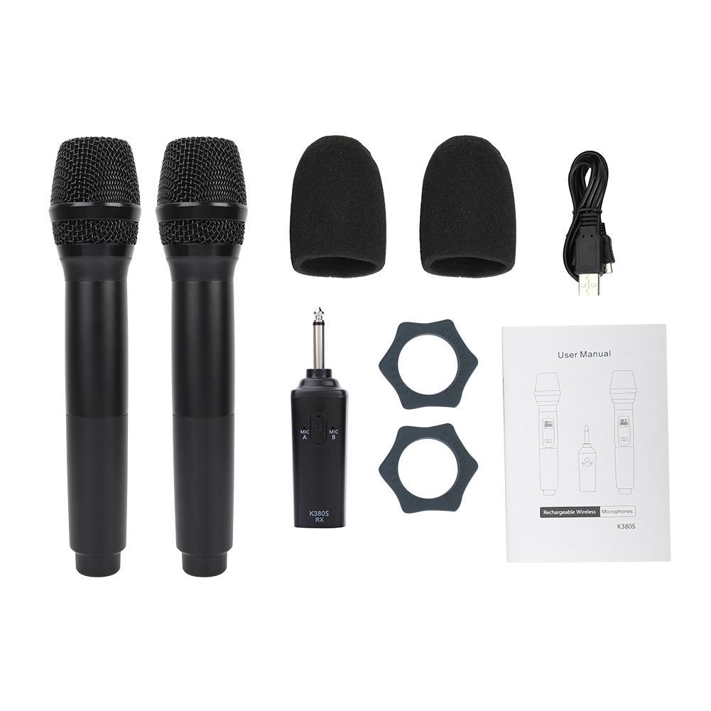 UHF Audio Mic Set Wireless Rechargeable Dual Handheld Microphones Black