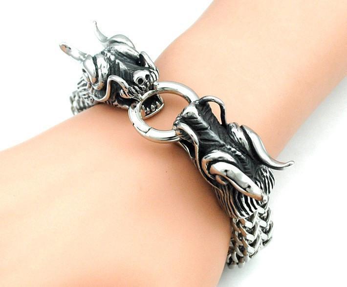 Cool Stainless Steel Double Dragon Snake Chain Bracelet