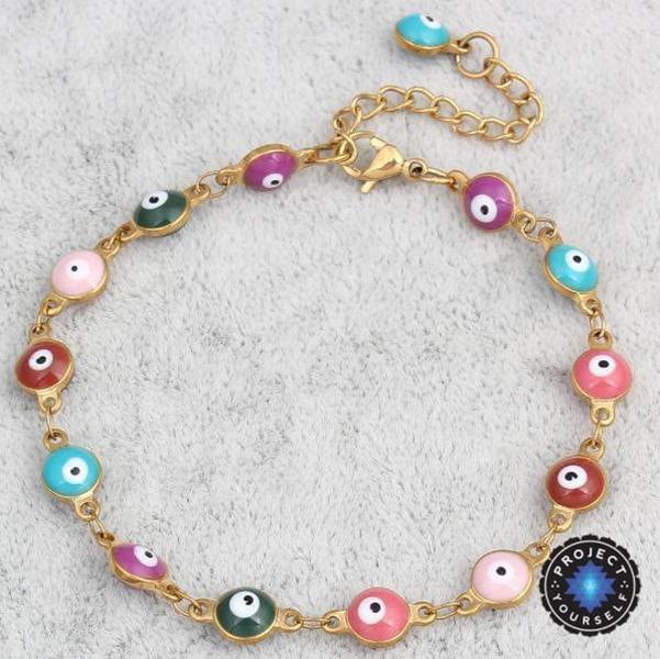 Gold Plated Stainless Steel Enamel Evil Eye Chain Bracelet