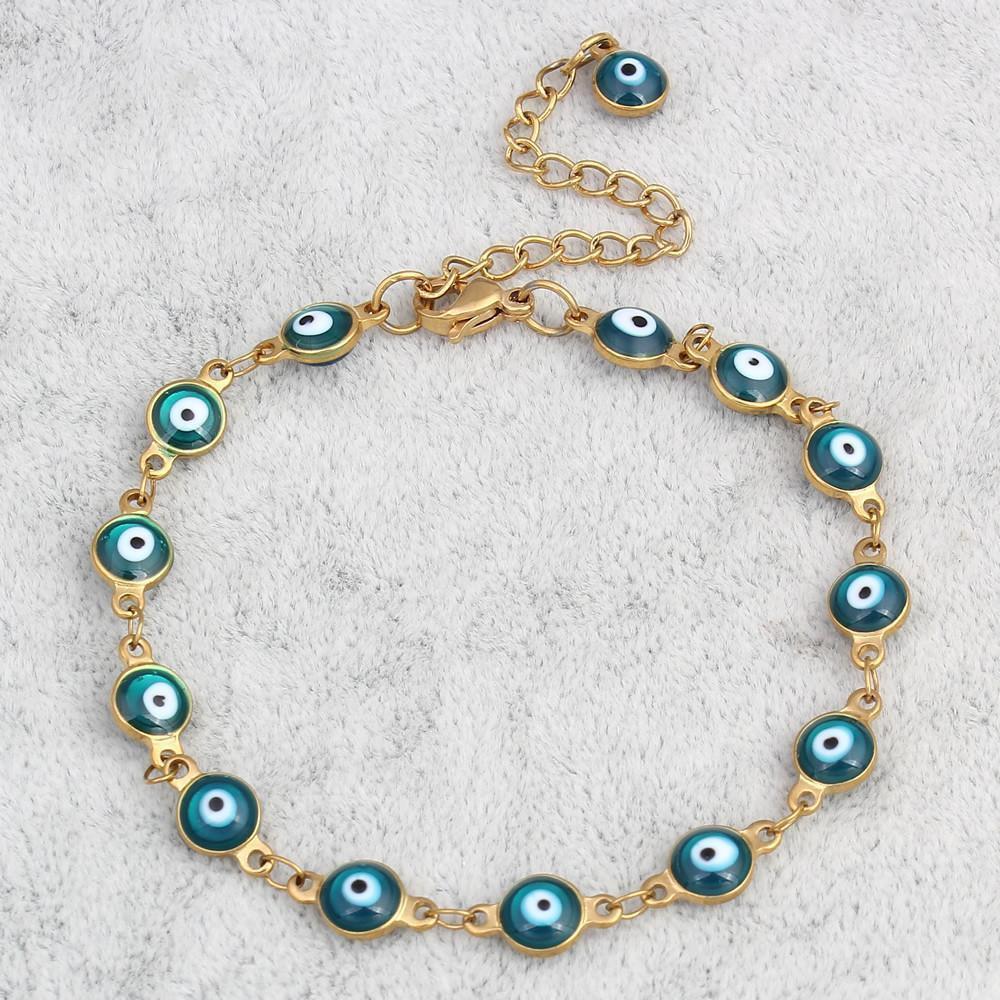 Gold Plated Stainless Steel Enamel Evil Eye Chain Bracelet