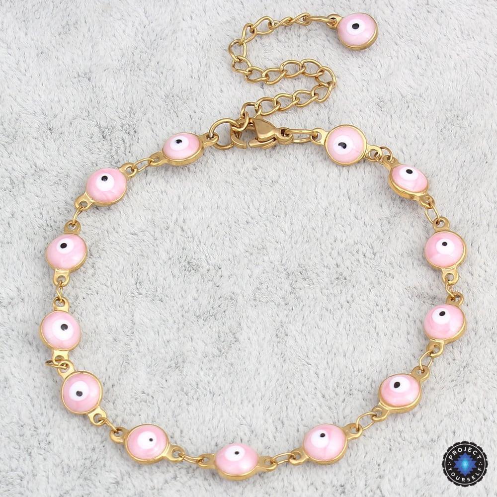 Gold Plated Stainless Steel Enamel Evil Eye Chain Bracelet
