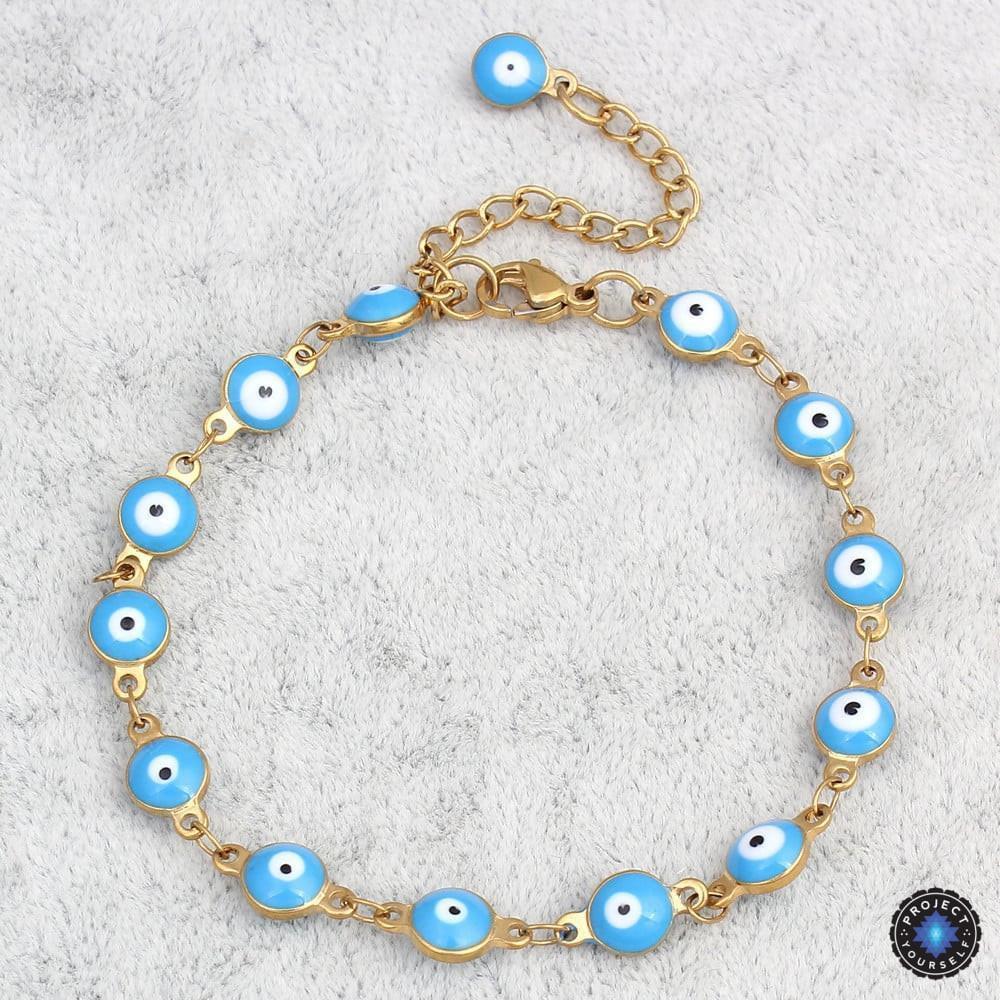 Gold Plated Stainless Steel Enamel Evil Eye Chain Bracelet