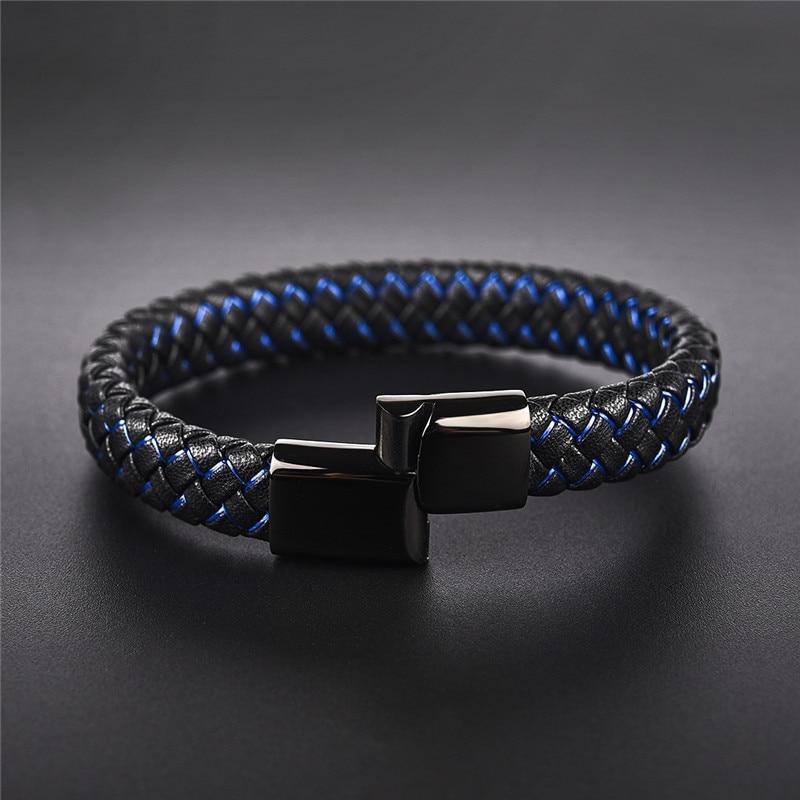 Blue Fire Stainless Steel Leather Bracelet