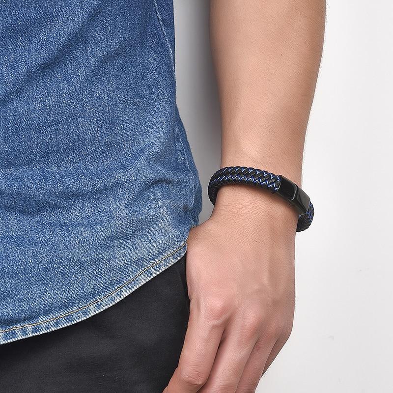 Blue Fire Stainless Steel Leather Bracelet