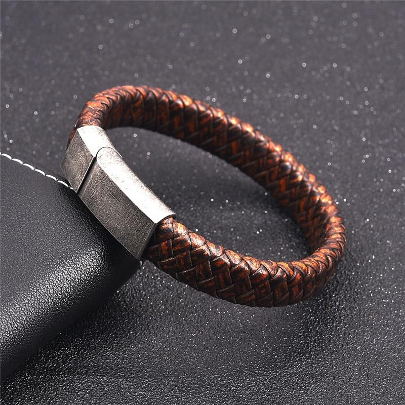 Blue Fire Stainless Steel Leather Bracelet