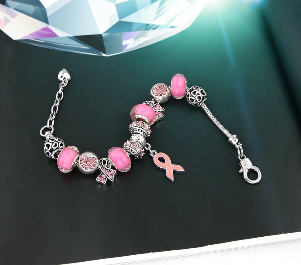 Breast Cancer Awareness Pink Ribbon Charm Bracelet