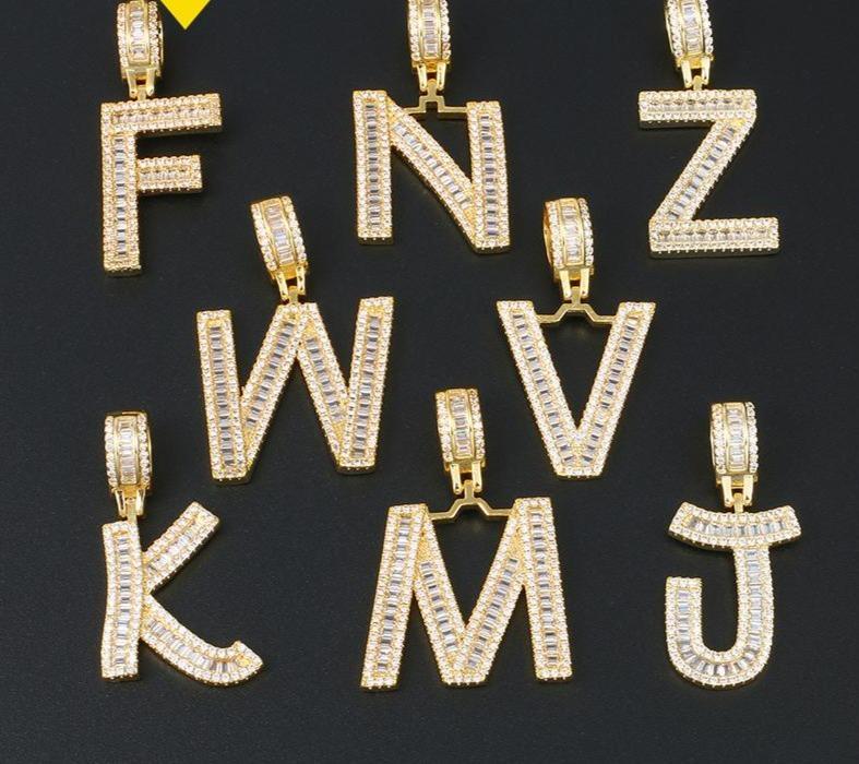 Initials Pendant Necklace- Gold Iced Out Baguette Letters