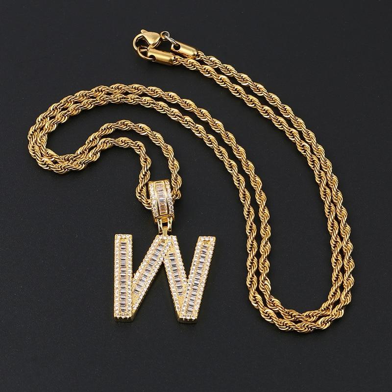 Initials Pendant Necklace- Gold Iced Out Baguette Letters