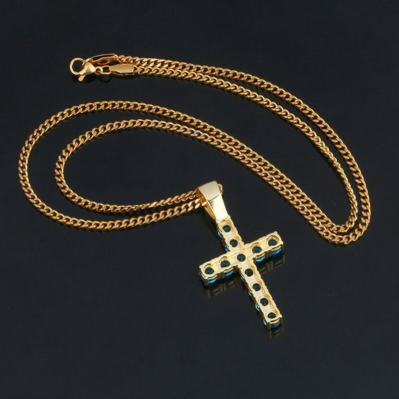 Hip Hop Cross Necklace- Iced Out Crystal With Blue Pendant
