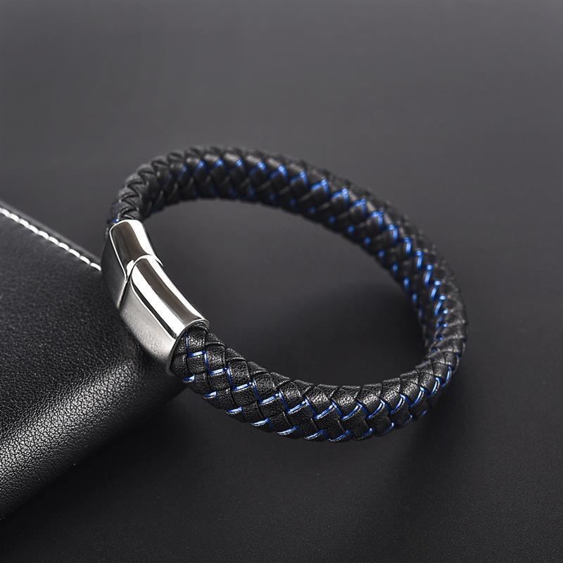 Blue Fire Stainless Steel Leather Bracelet