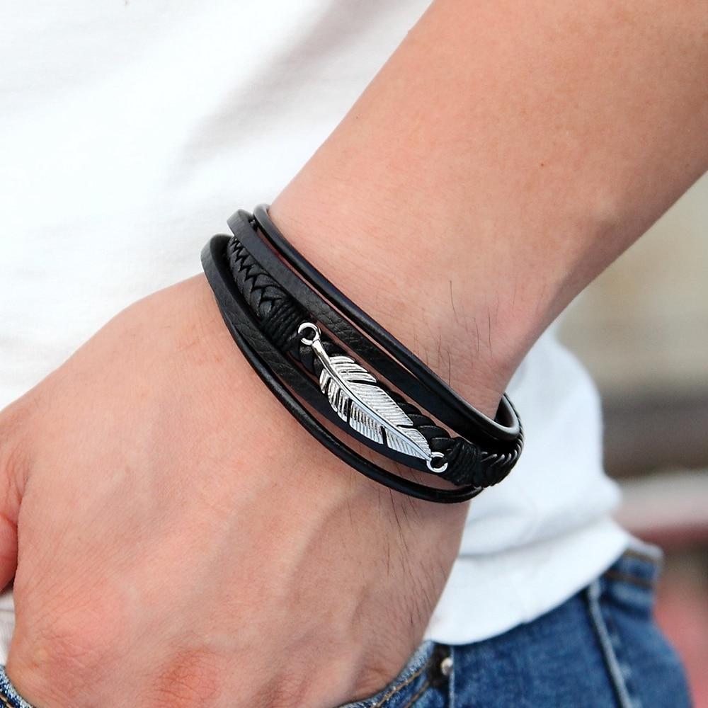 Stainless Steel Feather Multi-Layer Leather Bracelet
