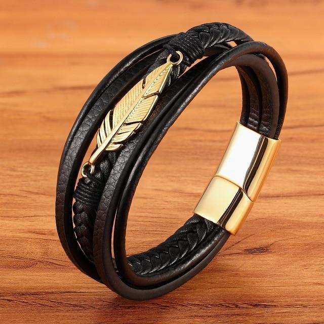 Stainless Steel Feather Multi-Layer Leather Bracelet