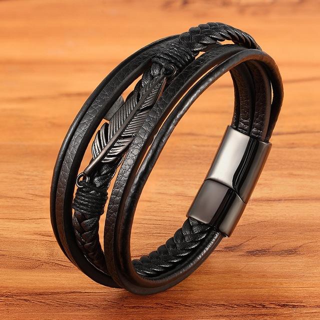 Stainless Steel Feather Multi-Layer Leather Bracelet