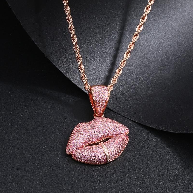 Pink Crystal Lips Pendant Necklace