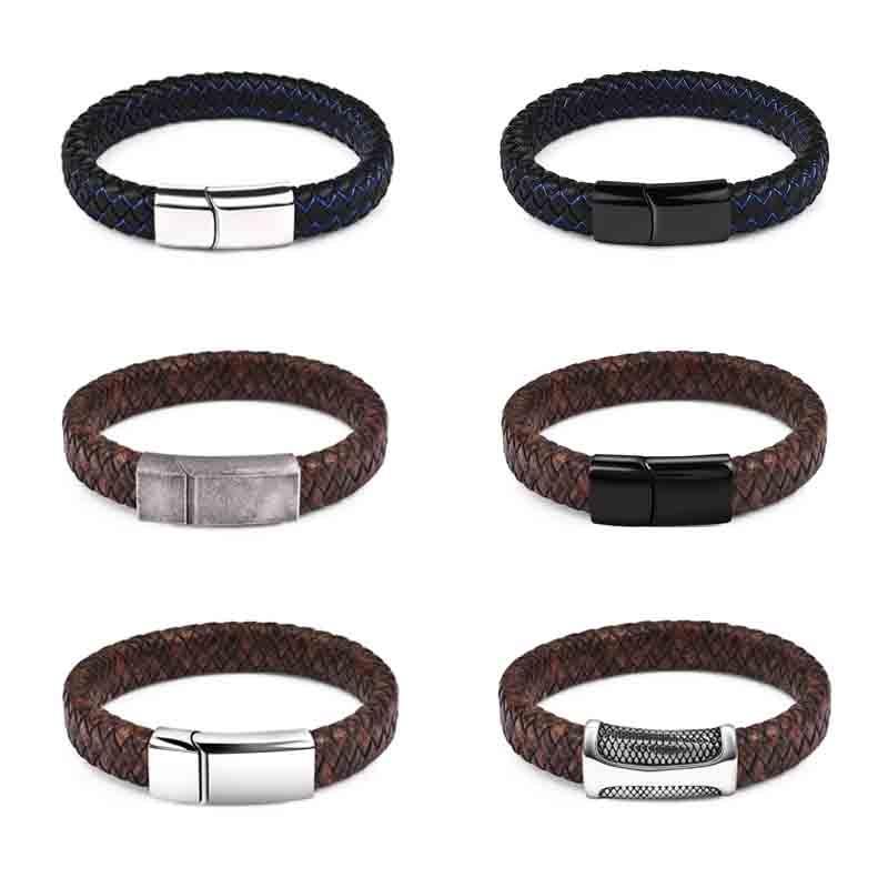Blue Fire Stainless Steel Leather Bracelet