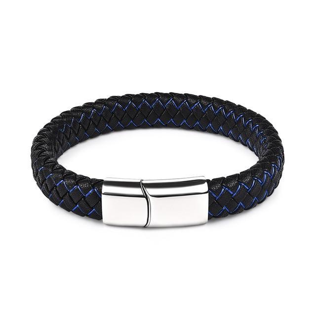 Blue Fire Stainless Steel Leather Bracelet
