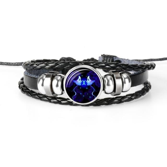 12 Constellation Zodiac Black Braided Leather Bracelet