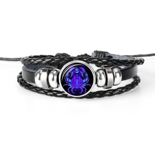 12 Constellation Zodiac Black Braided Leather Bracelet