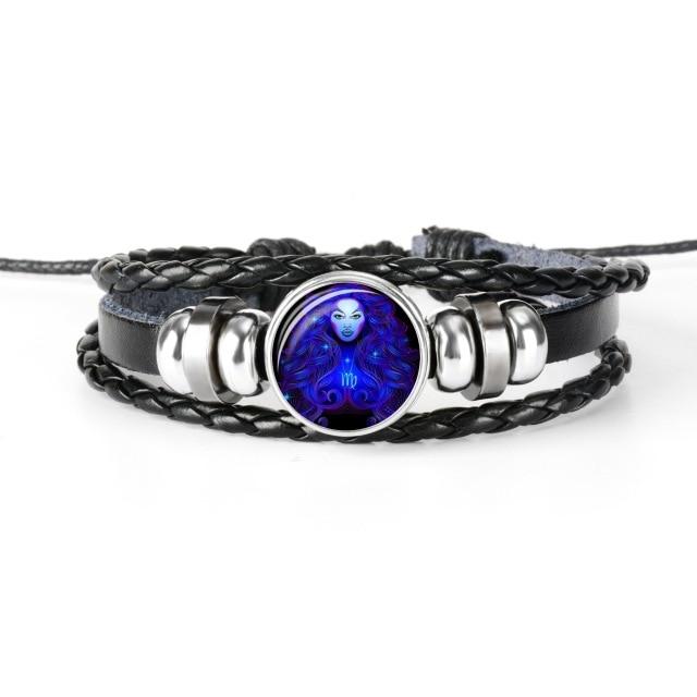 12 Constellation Zodiac Black Braided Leather Bracelet