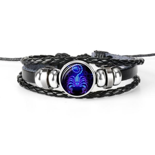 12 Constellation Zodiac Black Braided Leather Bracelet