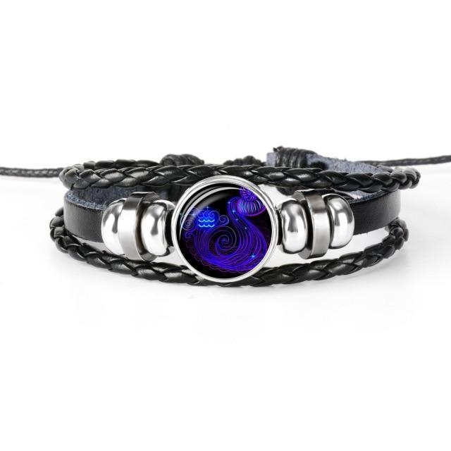 12 Constellation Zodiac Black Braided Leather Bracelet