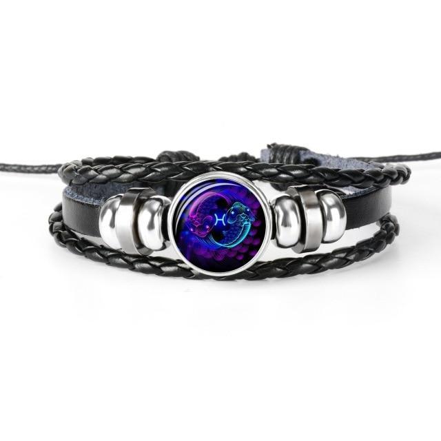 12 Constellation Zodiac Black Braided Leather Bracelet