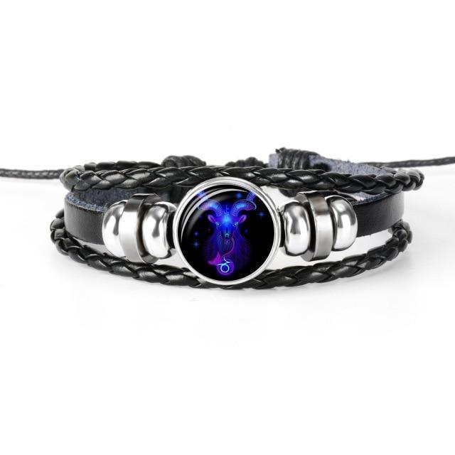 12 Constellation Zodiac Black Braided Leather Bracelet
