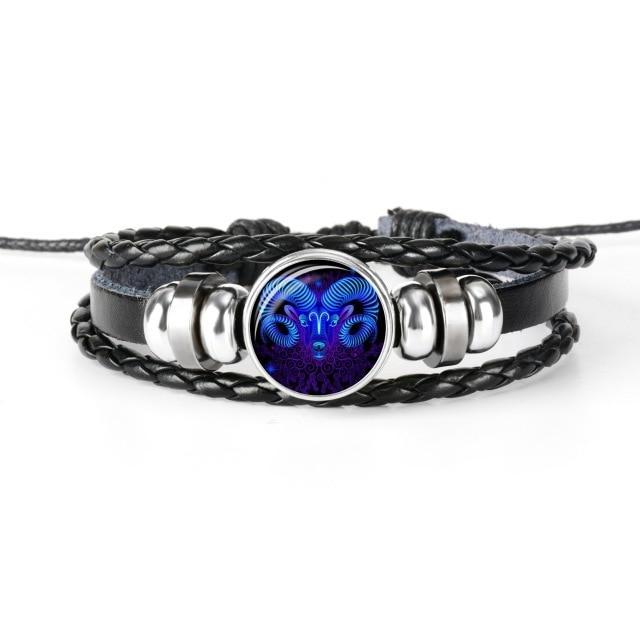12 Constellation Zodiac Black Braided Leather Bracelet