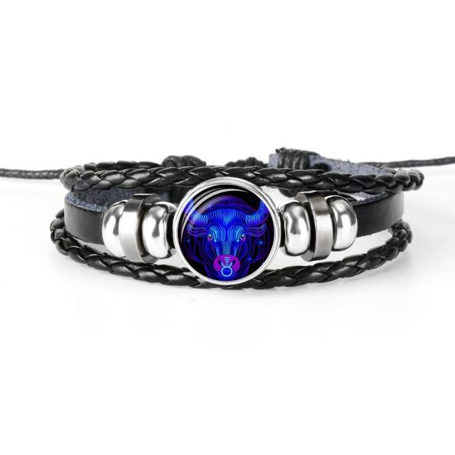 12 Constellation Zodiac Black Braided Leather Bracelet