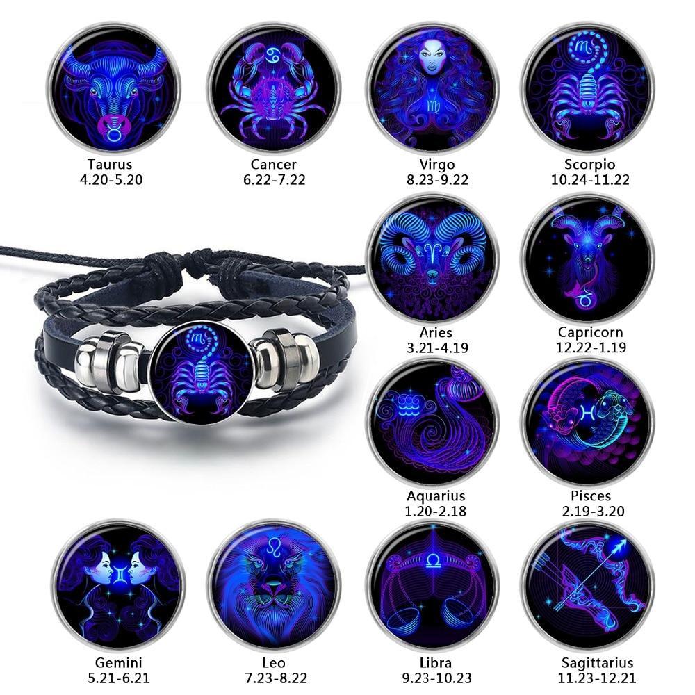 12 Constellation Zodiac Black Braided Leather Bracelet