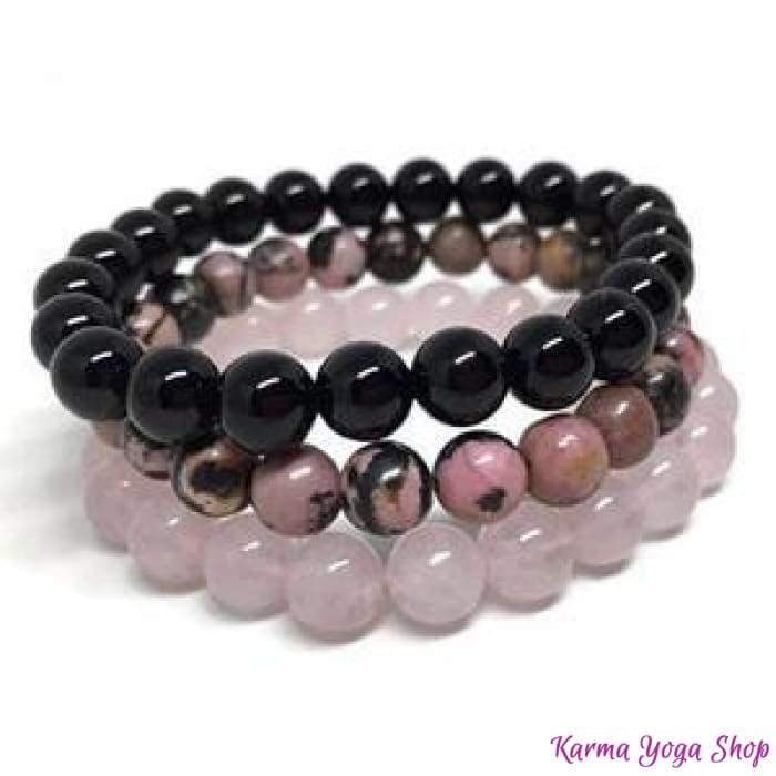 Triple Bracelet "Confidence in Love" in Rose Quartz, Rhodonite and Onyx