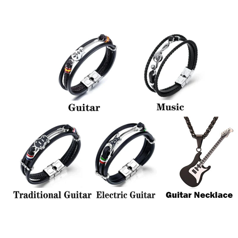 Musicwaker®High-quality Leather Handmade Personalise Unique Bracelet Limited Edition(Guitar+Traditional guitar+ Beth+ Guitar Necklace+Music )