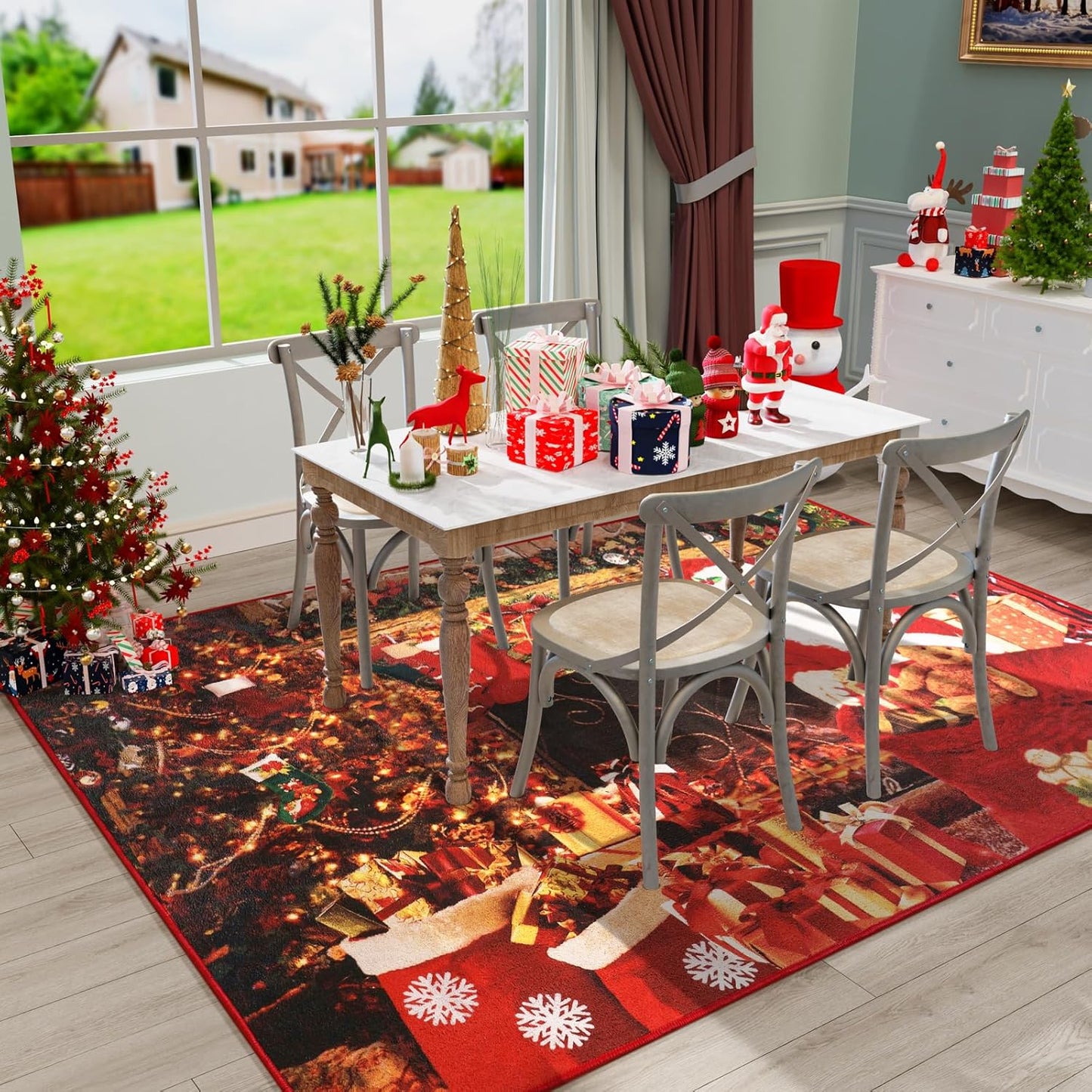Red Christmas Soft Low-Profile Washable Area Rug | Egoodhome™
