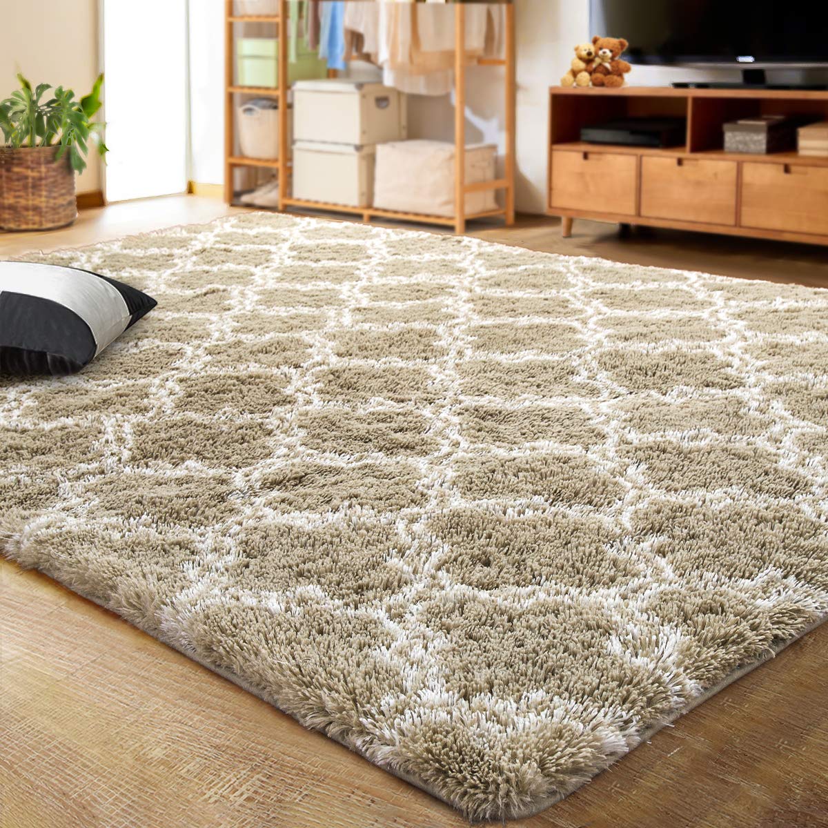 Modern Indoor Plush Fluffy Rugs Geometric Line Extra Soft Carpet | Egoodhome™
