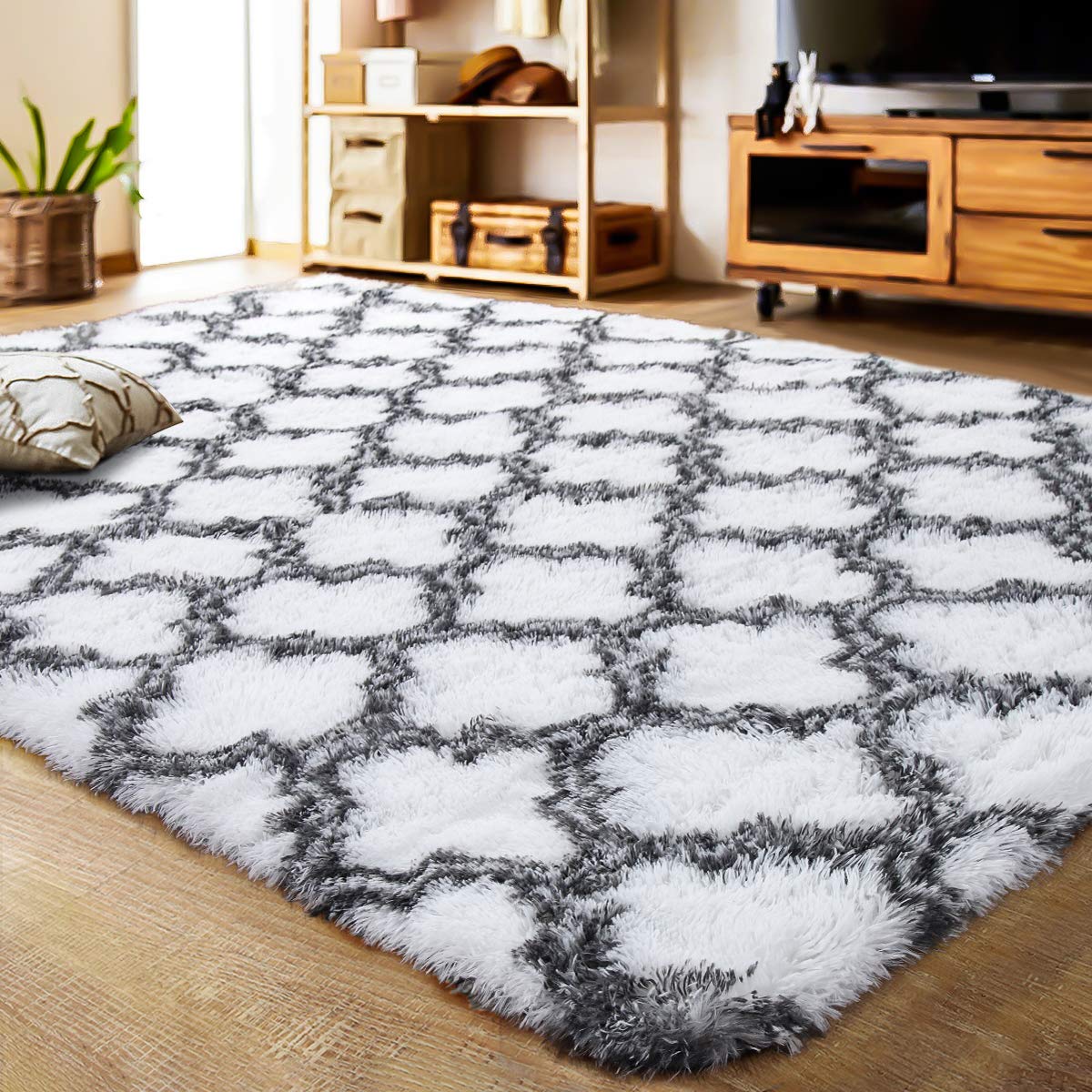 Modern Indoor Plush Fluffy Rugs Geometric Line Extra Soft Carpet | Egoodhome™