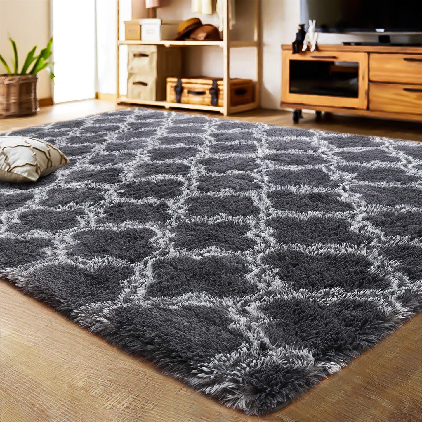 Modern Indoor Plush Fluffy Rugs Geometric Line Extra Soft Carpet | Egoodhome™