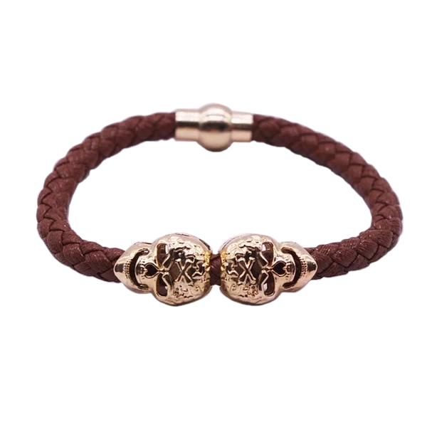 Gold and Silver Skulls Braided Men's Leather Bracelet