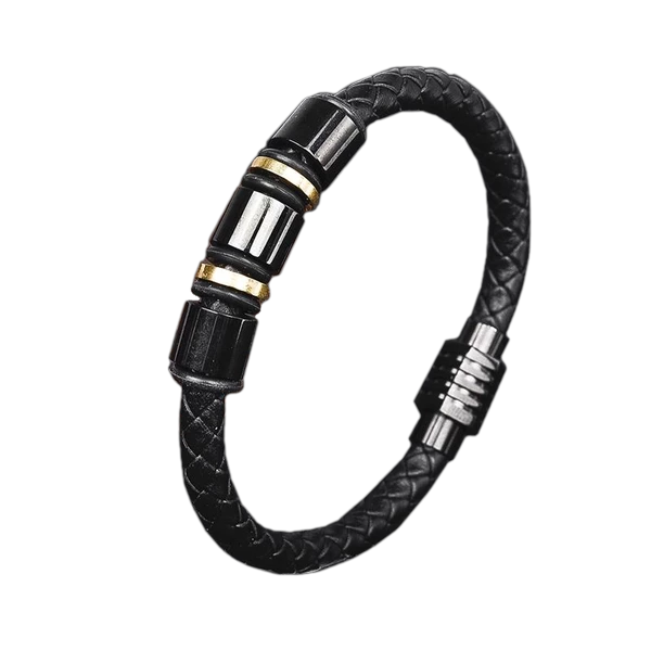 Black Gold Stainless Steel Men's Leather Bracelet