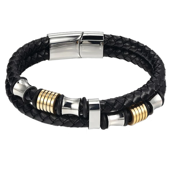 Gold and Silver Double Layer Men's Leather Bracelet