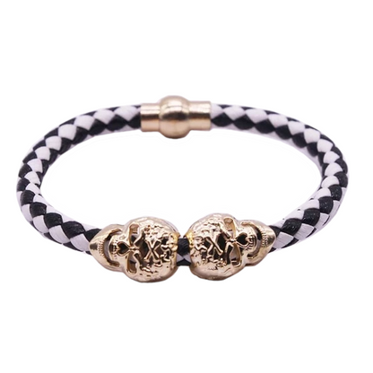 Gold and Silver Skulls Braided Men's Leather Bracelet