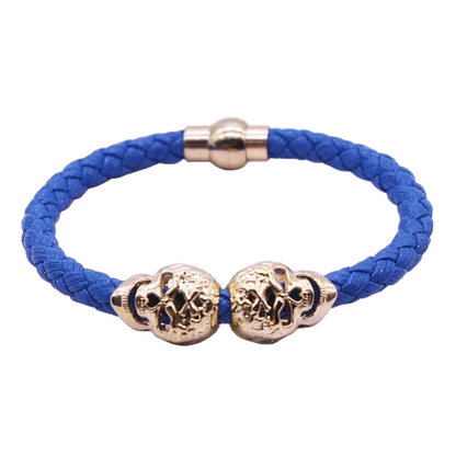 Gold and Silver Skulls Braided Men's Leather Bracelet