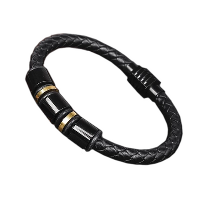 Black Gold Stainless Steel Men's Leather Bracelet