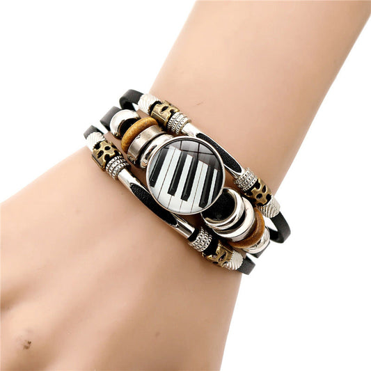 Music Piano Symbol Time Stone Black Leather Bracelet Punk Style