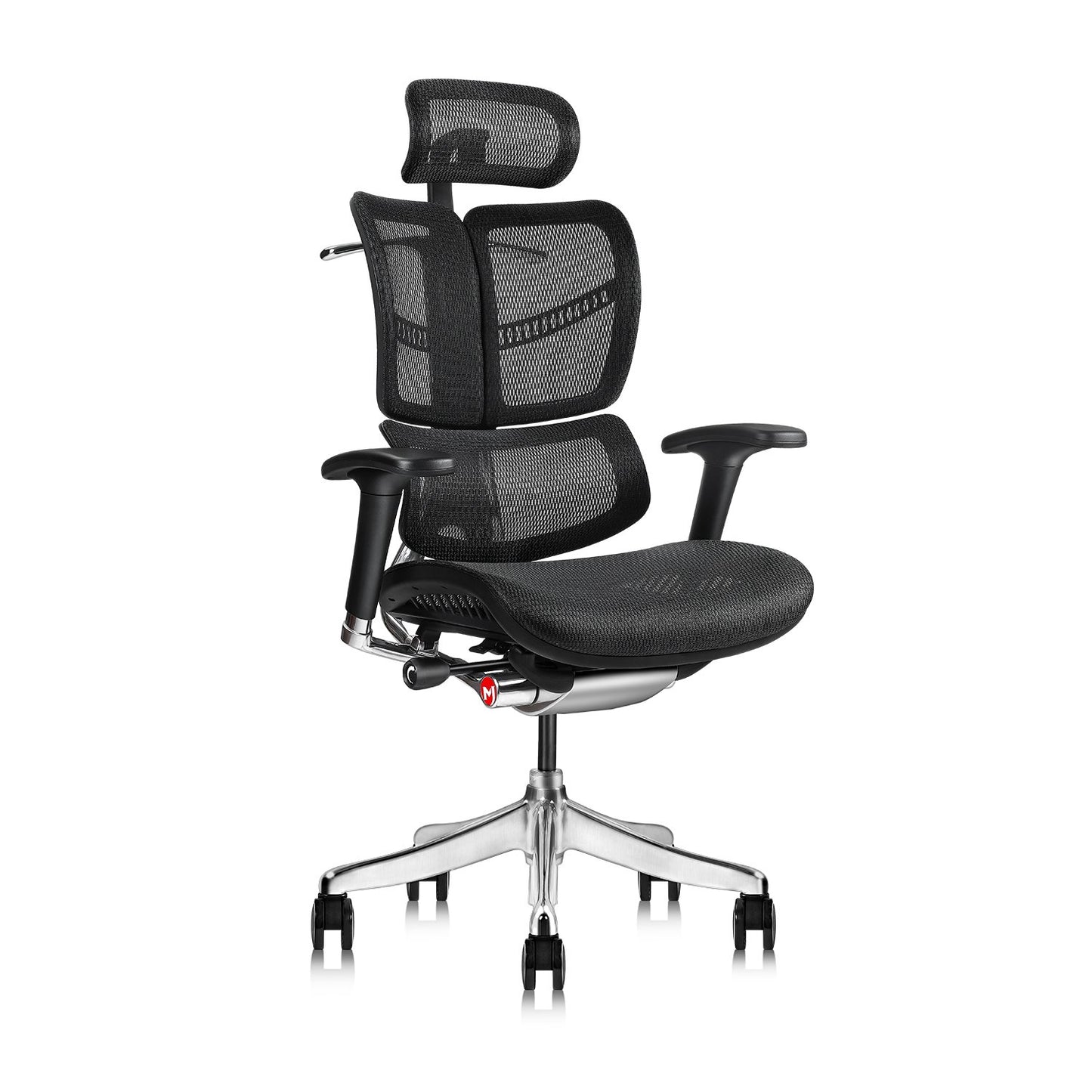 Ergonomically designed office chair with adjustable headrest and inclination limitation device Aluminum frame / base with standard carpet rolls