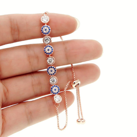 Mix 3 color gold rose silver color 5mm sparking AAA+ cz evil eye link chain girl women turkish jewelry pave cz bracelet