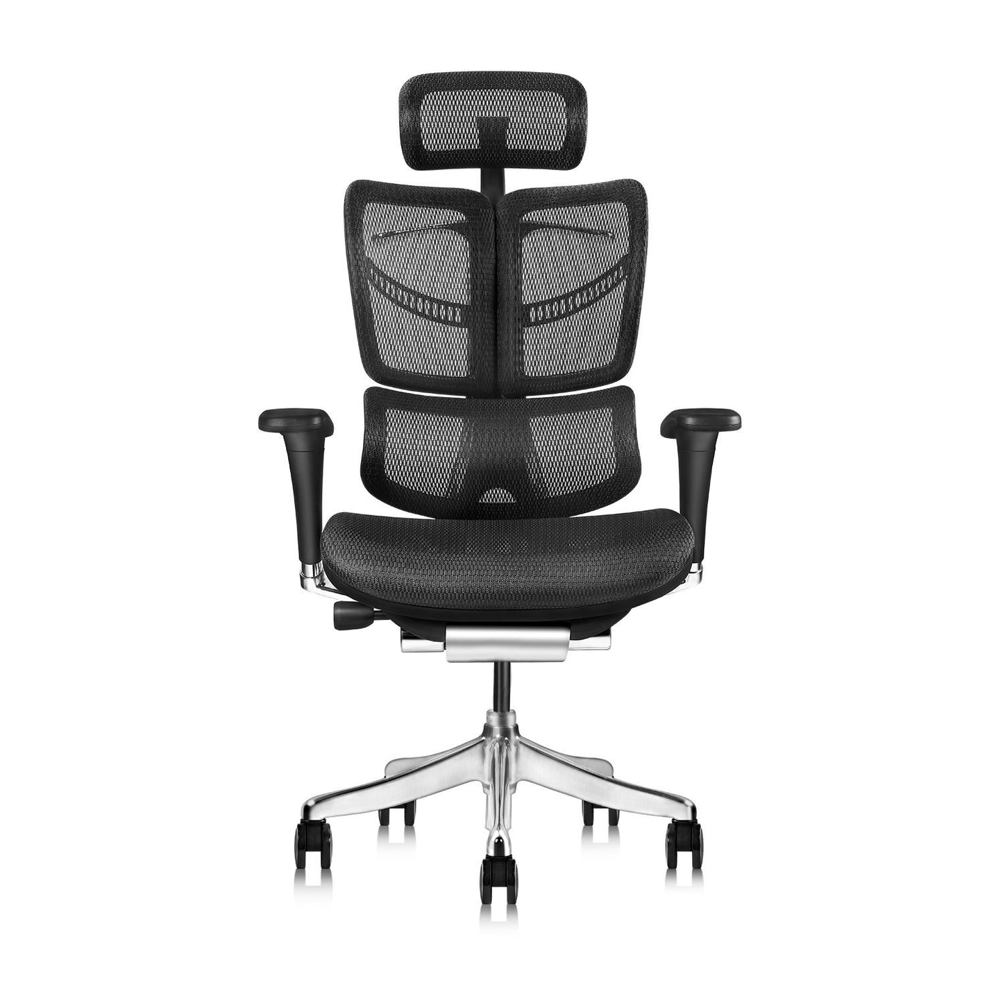 Ergonomically designed office chair with adjustable headrest and inclination limitation device Aluminum frame / base with standard carpet rolls