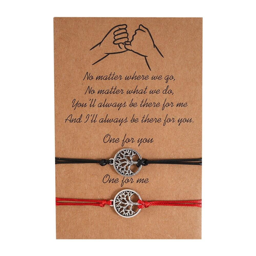 2pcs/set Heart Life Tree Charm Bracelets One for you one for me Black String Braiding Couple Bracelet for Men Women Wish Card