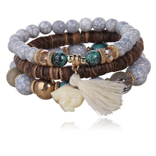 3-Piece Stone and Wood Beads Elephant Charm Boho Bracelet Set